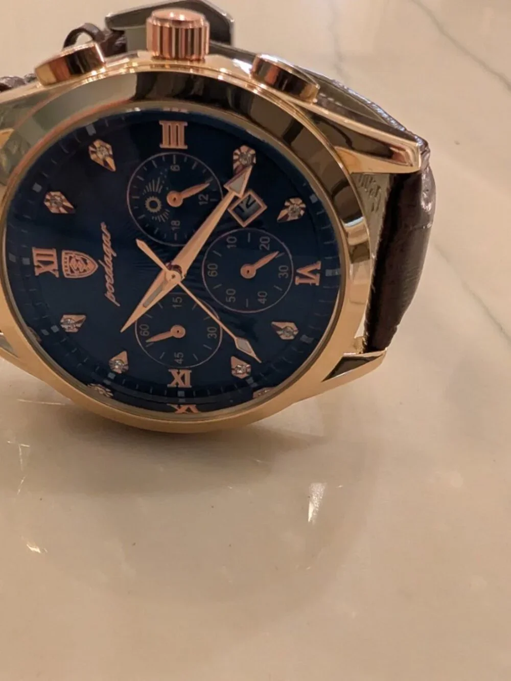 Poedagar P318 Men’s Quartz Watch Blue Dial Rose Gold Tone Brown Leather